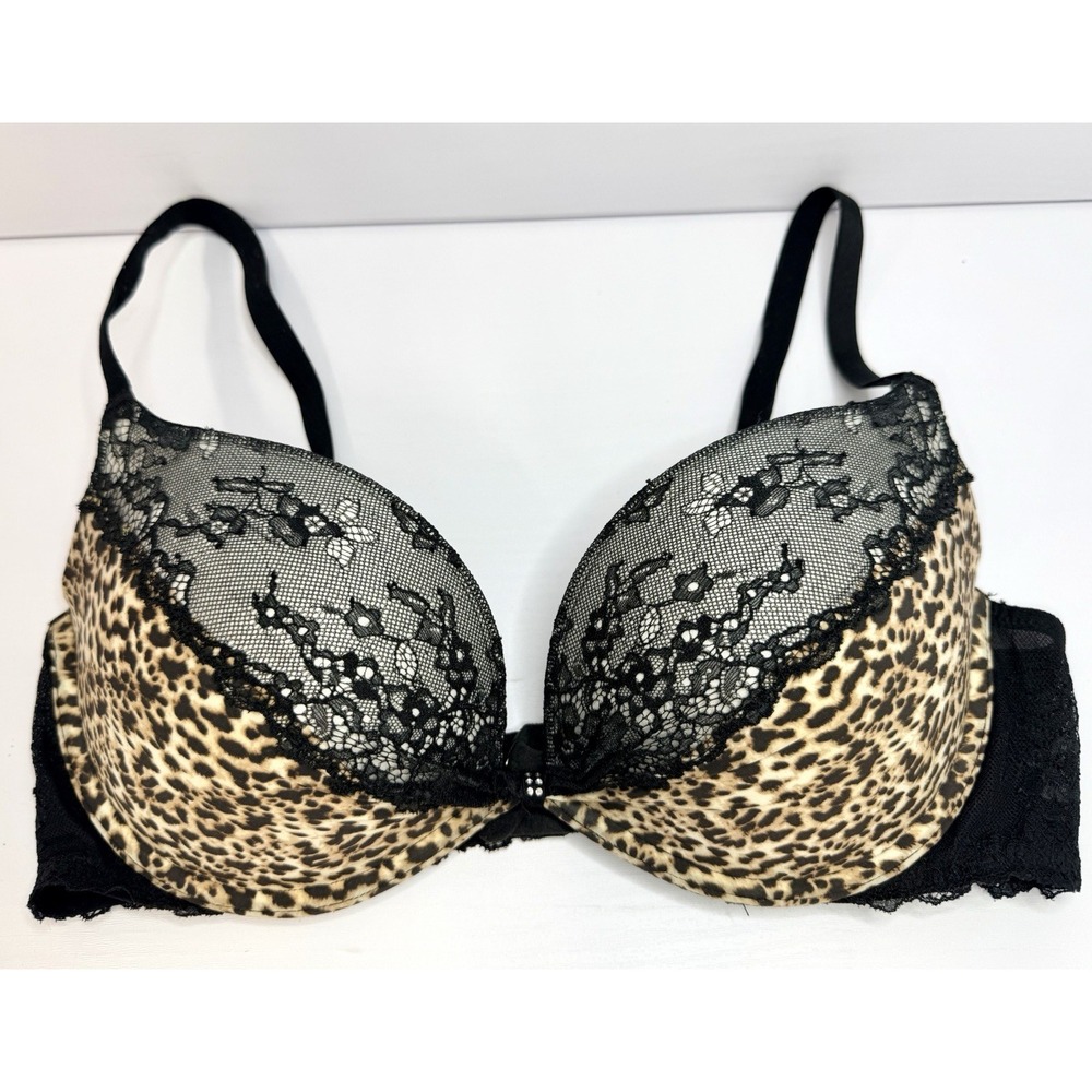 Victoria's Secret 36C Leopard Print Padded Demi Bra Black Lace Animal Print